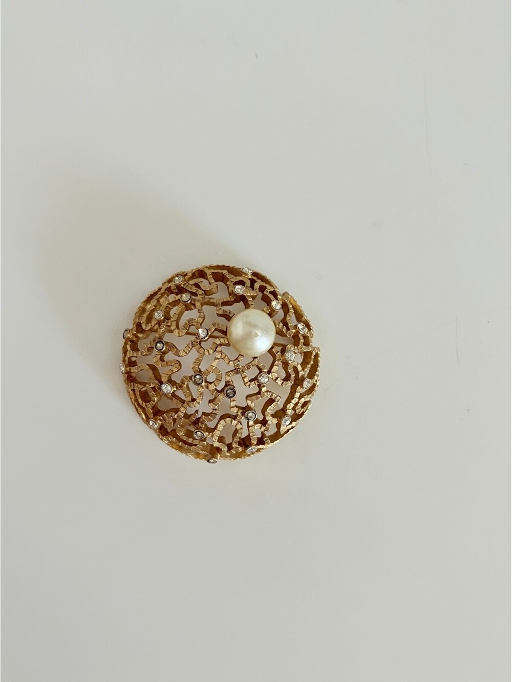 Trifari Brooch Gold Tone Rhinestones Pearl Intricate 2"